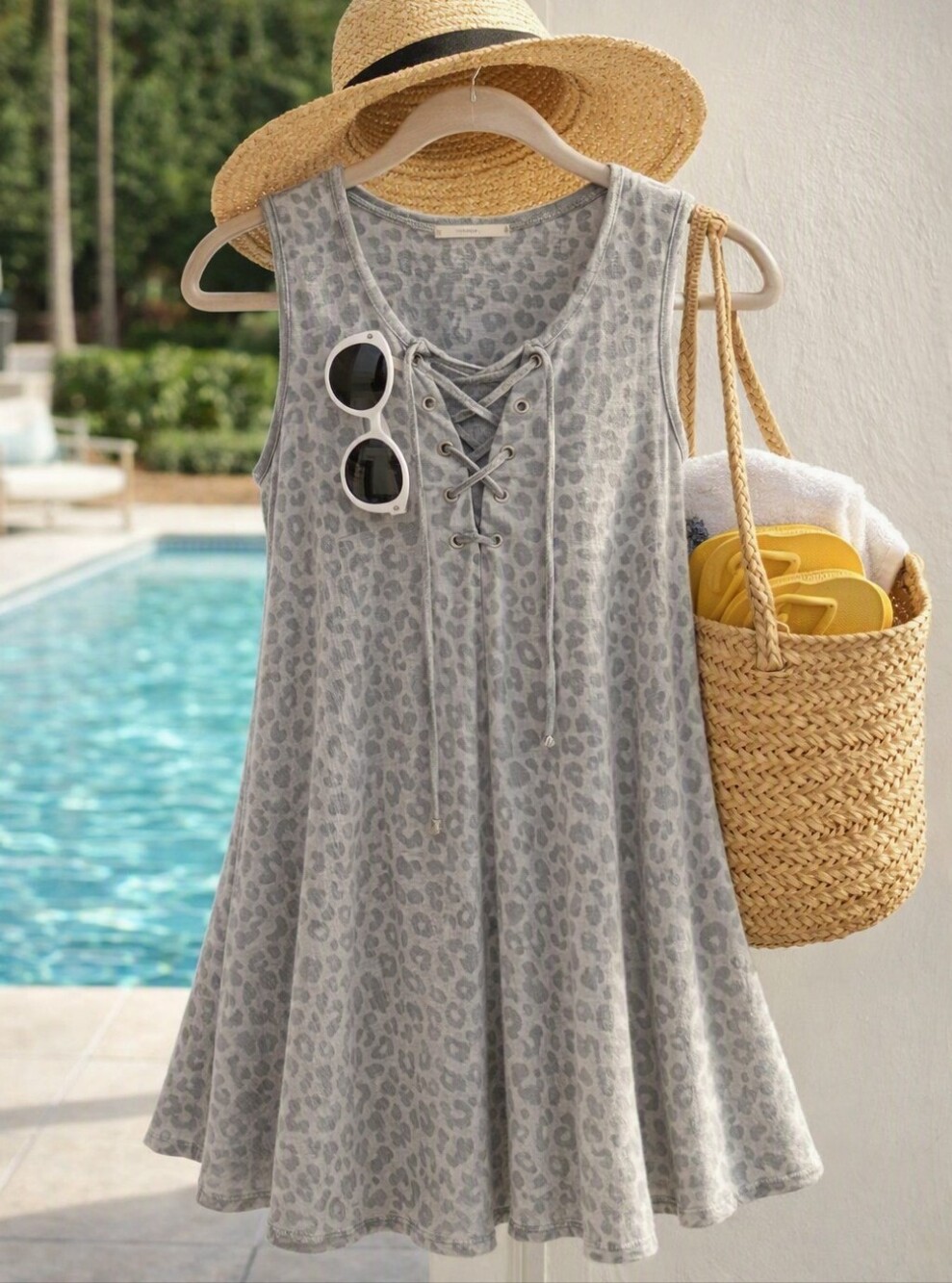 Boutique Newbury Kustom Lace-Up Sleeveless Leopard Print Dress/ Swim Coverup